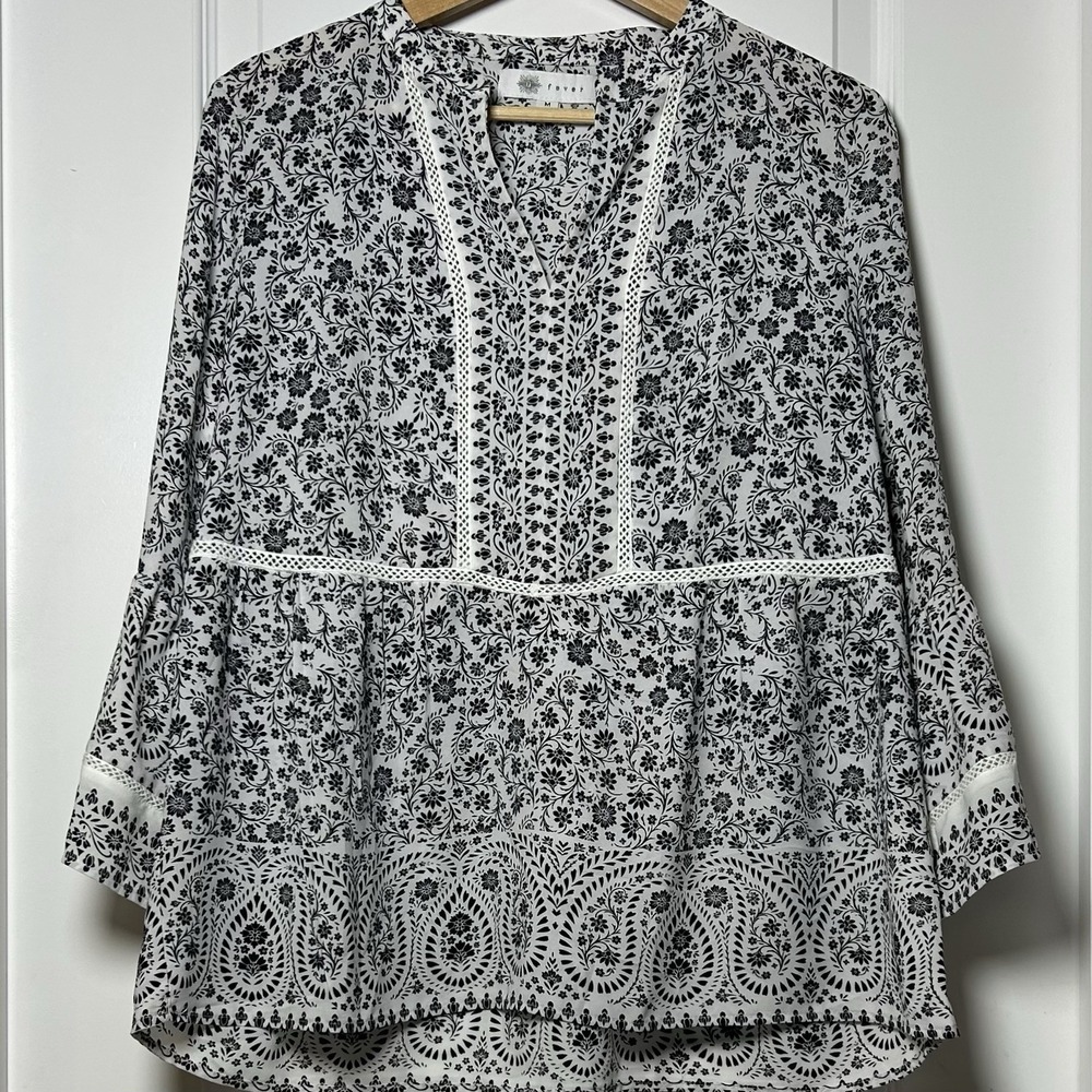 Fever Black White Floral Botanical Crochet Trim Bell Sleeve Peplum Boho Blouse